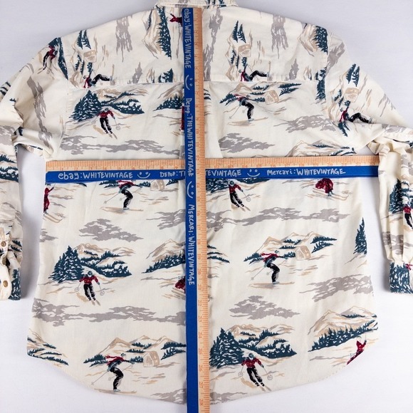 Eddie Bauer Corduroy Shirt Womens Medium Cream Ski Mountain Scene AOP Vintage - Picture 8 of 8
